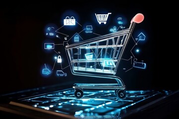 Shopping cart illustration representing ecommerce concepts.