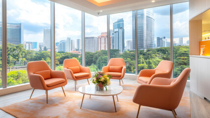Fototapeta premium Bright business lounge with panoramic windows and modern furniture, featuring orange chairs and scenic city view