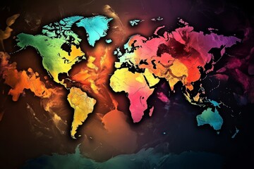 Artistic representation of a colorful global map.
