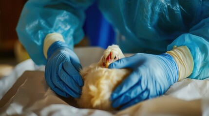 Veterinarian in protective gear carefully inspecting poultry, emphasizing health and safety in animal care.
