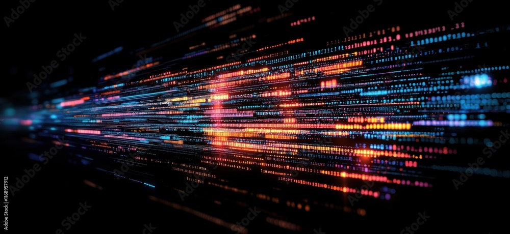 Poster digital data stream visualization with vibrant colors and dynamic motion effects, representing techn