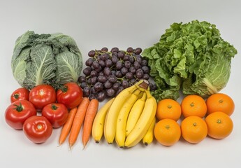 Fresh Variety of Colorful Fruits and Vegetables on Display, Including Bananas, Grapes, Tomatoes, Carrots, Oranges, and Leafy Greens for Healthy Eating and Nutrition