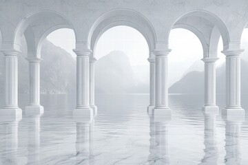 Serene Marble Colonnade Overlooking Calm Lake and Mountains