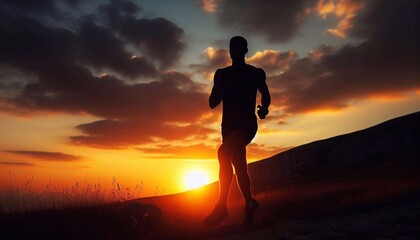 Silhouette of an athlete running against a blurred sunset