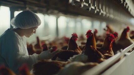 Veterinarian in protective gear carefully inspecting poultry, emphasizing health and safety in animal care.