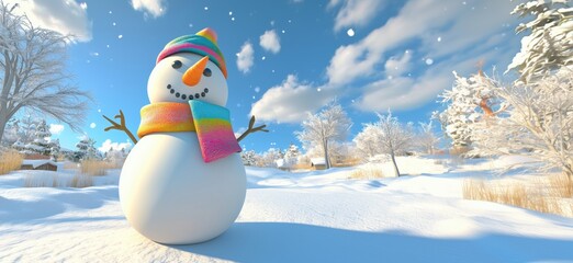 Snowman in Winter Wonderland with Colorful Scarf and Hat, Surrounded by Snowy Landscape and Trees, copy space for text
