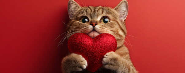 Cute tabby brown British cat holding red shiny heart on red background. Valentine's Day, for greeting card or advertising banner with copy space. Romantic gift, celebrating February 14.