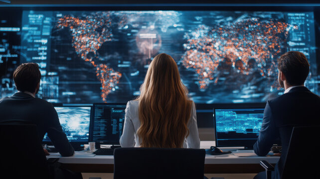 Business team analyzing financial data on holographic display, focused