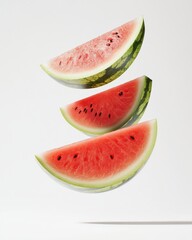 Fresh Watermelon Slices in Air with Vibrant Pink Flesh and Green Rind Floating Against a Bright White Background for Healthy Summer Snack Concepts