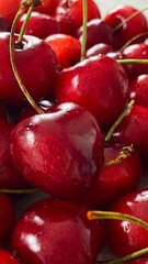 Close-up of a bright red cherry on a light background.