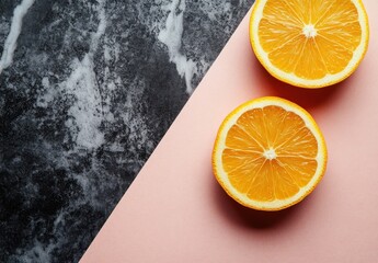 Freshly Cut Orange Halves on Marble and Pink Background, Vibrant Citrus Fruit Display for Culinary and Healthy Lifestyle Themes