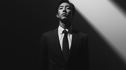 Fototapeta premium モノトーン背景と光のコントラストが際立つスーツ姿の日本人男性