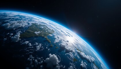 Fototapeta premium Wide-Angle Shot of Earth in Space with Swirling Clouds and Glowing Atmosphere for Wallpaper Background Generative AI