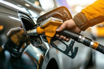 Filling a car with fuel at a gas station during daytime with focus on the fuel nozzle and vehicle
