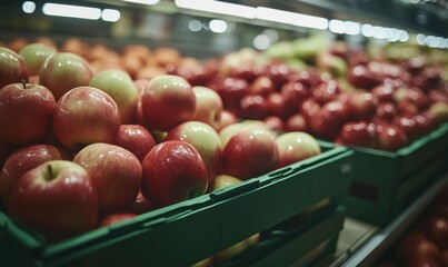 Freshly Harvested Red and Green Apples Displayed in Crates at a Grocery Store for Healthy Eating Choices and Organic Food Promotion