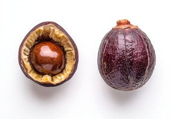 Freshly sliced avocado with seed showing detail on a clean white background, highlighting the rich texture and color of this nutritious fruit.