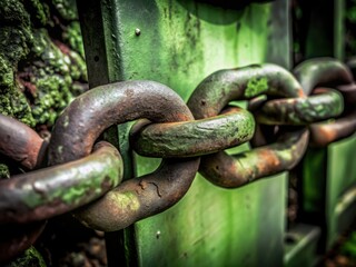 Naklejka premium Oxidized metal chain, aged and textured; industrial photography, close-up view.