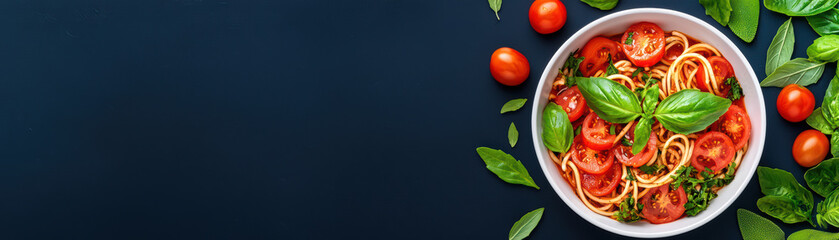 Delicious pasta with tomatoes and basil on dark background