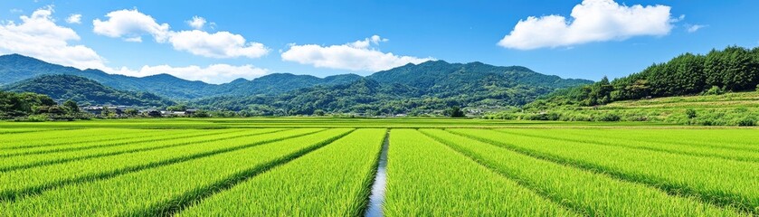 Naklejka premium Lush green rice fields under a clear blue sky