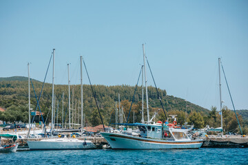Naklejka premium Group of sailboats are docked at a marina