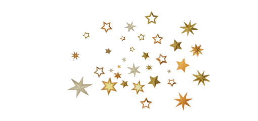 A cluster of golden stars arranged on a black background. The stars are various sizes and shapes, with some overlapping creating a three-dimensional effect.