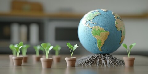 Conceptual globe with plant sprouts symbolizing sustainability