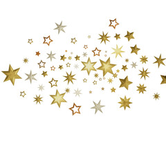 A digital illustration featuring a variety of golden stars scattered on a black background. The stars are of varying sizes and shine brightly against the dark backdrop.