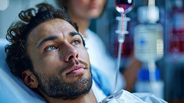 A young man lies in a hospital bed, receiving stem cell treatment. A healthcare professional administers an intravenous drip while monitoring vital signs in a clinical environment.