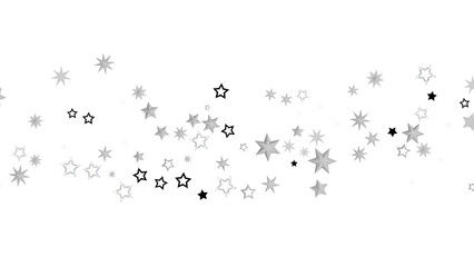 A black background with a scattering of silver stars of different sizes and shapes. The stars create an abstract design and have a sparkly, shiny, and festive feel.