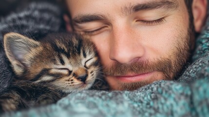 A cozy moment captured: a man peacefully sleeps beside a kitten, wrapped in a blanket, radiating warmth and affection.