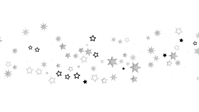 A black background with a scattering of silver stars of different sizes and shapes. The stars create an abstract design and have a sparkly, shiny, and festive feel.