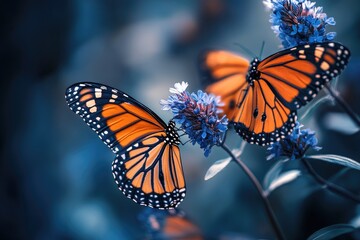 Monarch butterflies perched on vibrant blue flowers