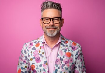 Fototapeta premium Portrait of a stylish man with glasses, wearing a colorful floral blazer and smiling against a vibrant pink background, showcasing modern fashion and confidence in a playful setting.