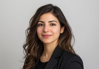 Fototapeta premium Professional young woman with long wavy hair wearing a black blazer and smiling against a neutral gray background, ideal for business and corporate imagery