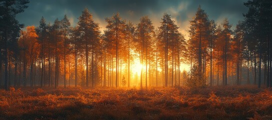 Majestic sunrise illuminating a dense autumn forest with tall pine trees and orange foliage.