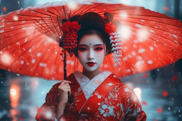 Obraz premium A geisha walking through the streets of Kyoto, holding a parasol and dressed in a beautifully patterned kimono
