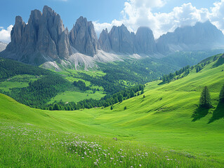 Obraz premium Expansive green fields in high-altitude scenery with towering rugged peaks and clear skies