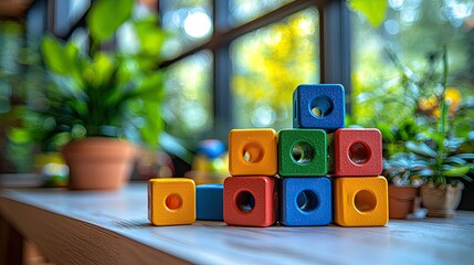 Colorful wooden blocks stacked near plants on windowsill.