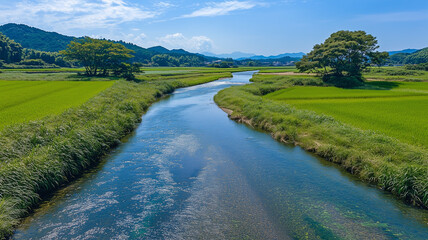 Obraz premium 初夏の清流と田畑が織りなす日本田舎の静けさ、ドローンで捉える絶景