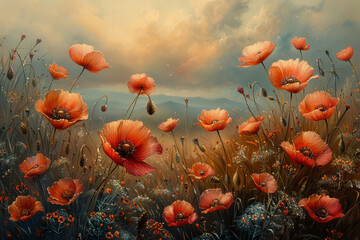 Obraz premium beautiful field with blooming poppies under the evening sky. 