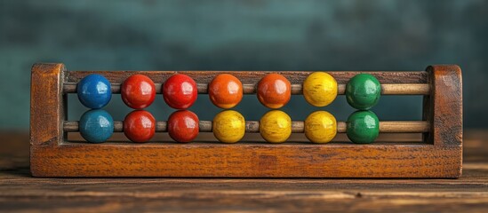 Vintage wooden abacus with colorful beads on a wooden table.