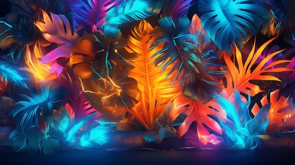 Obraz premium Vivid Tropical Leaves Illuminated With Neon Colors