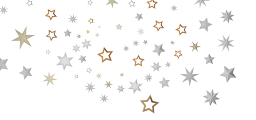 Abstract image of stars in gold, silver, and black with a dark background.