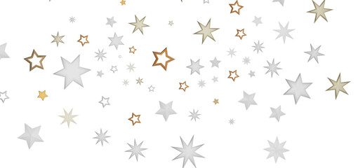 A beautiful pattern of gold and silver stars on a black background. The stars are of different sizes and shapes, creating a dynamic and whimsical design.