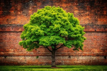 Red brick wall, weathered and aged, provides a striking backdrop to a single, verdant oak.