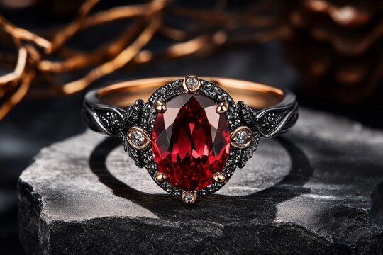 A haunting image of a ruby ring with intricate filigree details, placed on an aged stone surface with dramatic shadows