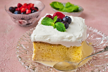 メキシコのスイーツ パステル・デ・トレス・レチェス (3種のミルクのケーキ) コピースペースあり Mexican sweets Pastel de Tres Leches( Mexican Tres Leches Cake,Tres Leches Cake,Three Milk Cake, 3 Milk Cake) with copy space