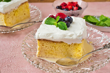 メキシコのスイーツ パステル・デ・トレス・レチェス (3種のミルクのケーキ) コピースペースあり Mexican sweets Pastel de Tres Leches( Mexican Tres Leches Cake,Tres Leches Cake,Three Milk Cake, 3 Milk Cake) with copy space
