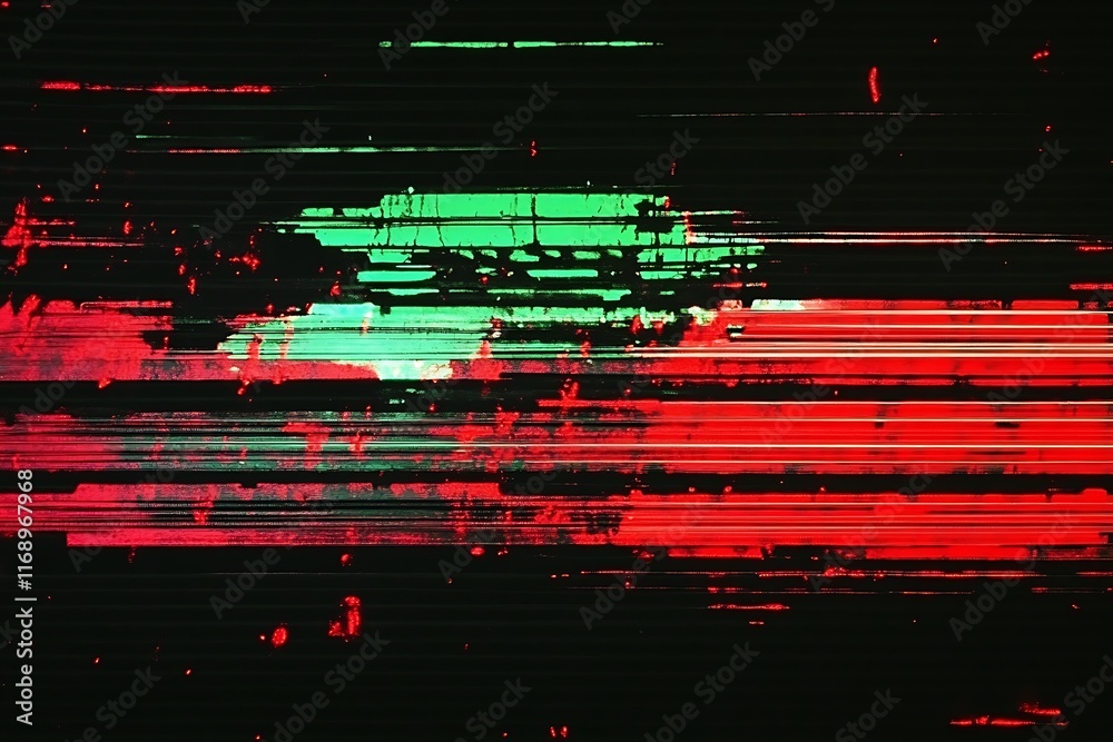 Poster abstract glitch art with red and green horizontal lines on black background.