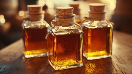 Golden Amber Liquid in Vintage Bottles